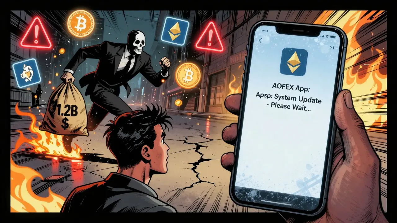 Un trader horrifié regarde son écran gelé tandis qu&#039;un voleur en costume fuit avec ses bitcoins.