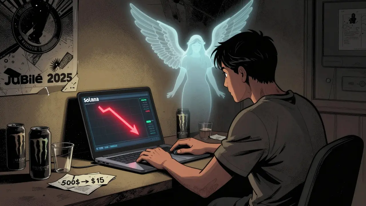 Un trader seul face à un écran affichant la chute de LUCE, un fantôme d&#039;ange derrière lui, dans une pièce sombre.