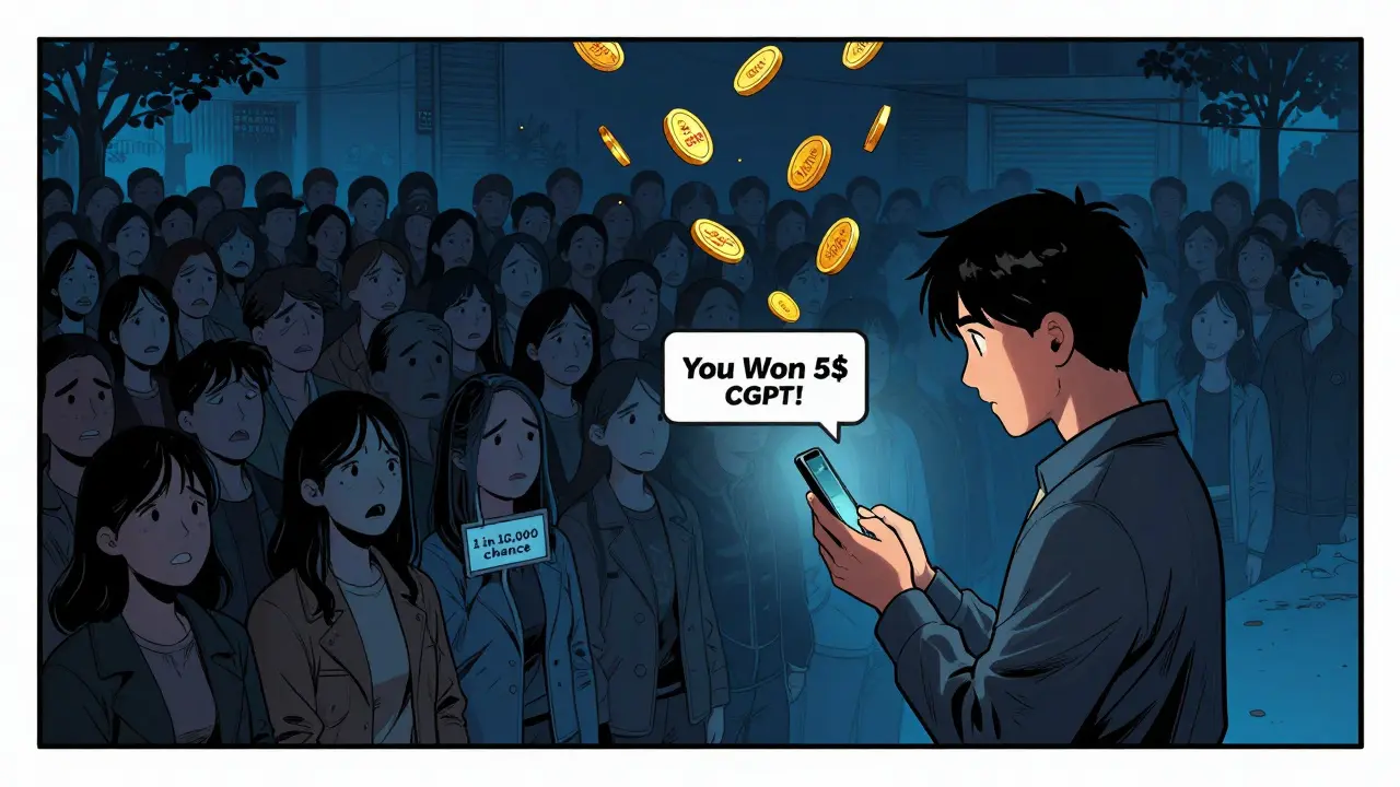 Un utilisateur découvre qu'il a gagné un airdrop CGPT, tandis que la foule s'éloigne dans l'ombre.