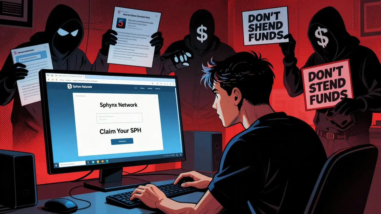 Un utilisateur face à un écran vide de Sphynx Network, entouré de fraudeurs en ombres.