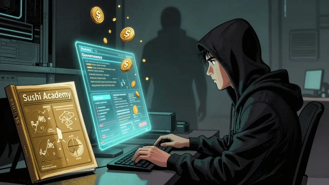 Un utilisateur vote sur la gouvernance SushiSwap, des récompenses SUSHI tombent comme de la pluie sous un guide d'éducation.