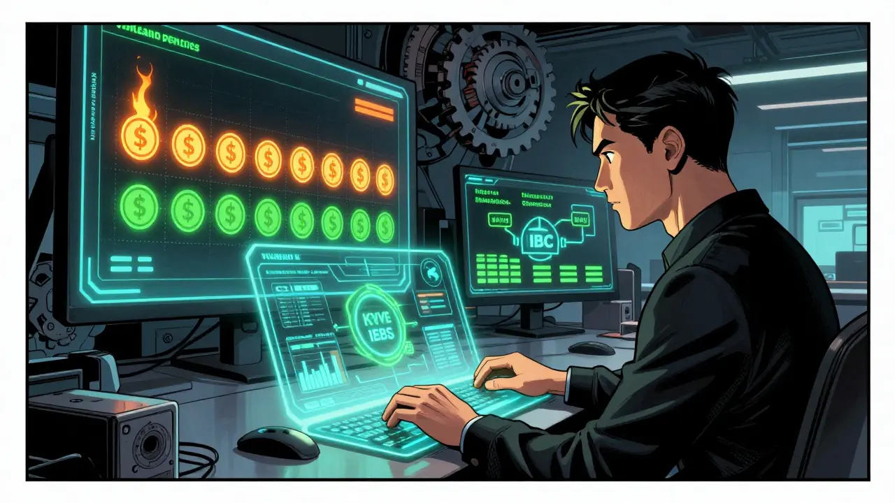 Un validateur technique dans une salle de contrôle avec des écrans affichant des pénalités et des jetons KYVE stakés en temps réel.