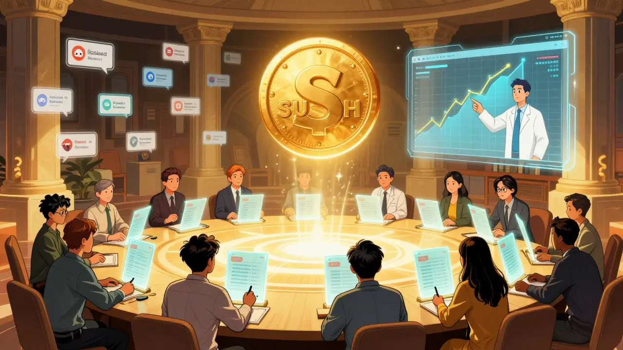 Une assemblée communautaire vote sur des propositions DeFi dans un temple numérique, un grand jeton SUSHI flotte au centre comme symbole de gouvernance décentralisée.