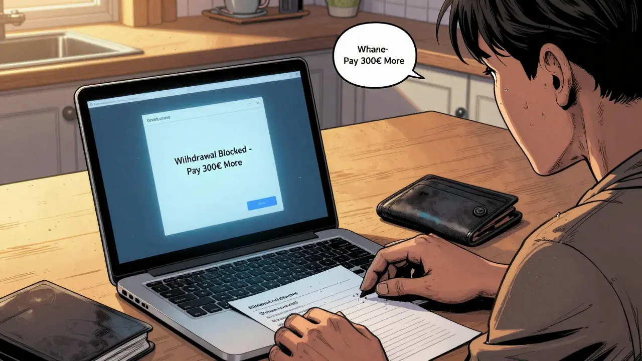 Une victime regarde un écran de fraude, une liste d'échanges légitimes à côté, un portefeuille vide sur la table.