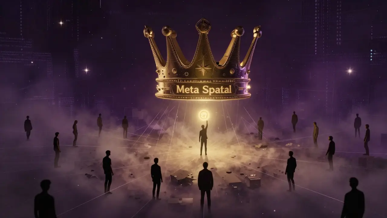 980 silhouettes dans un métavers, reliées à une couronne numérique qui s'effondre.