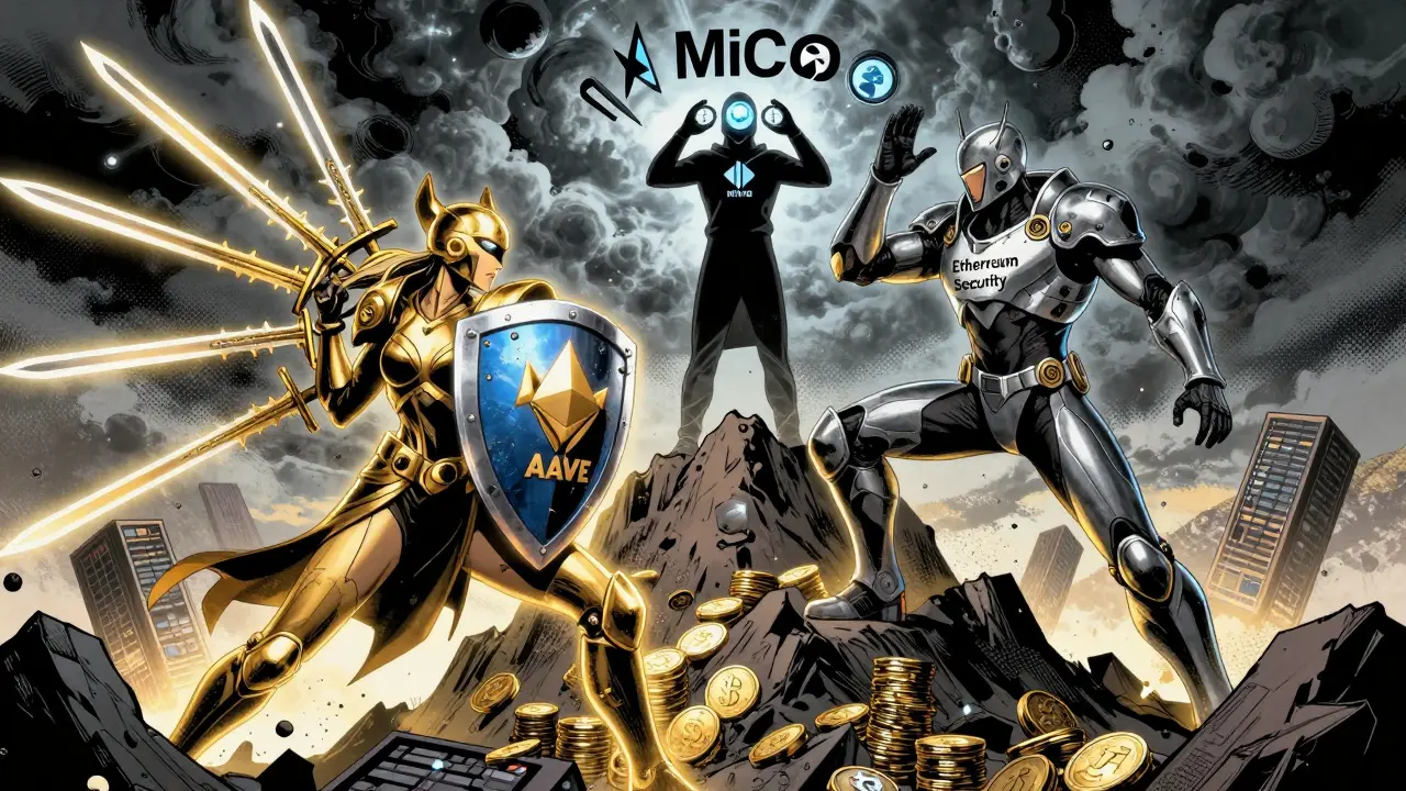 Affrontement symbolique entre Aave et Compound, avec Morpho en observateur, dans un ciel orageux sous MiCA.
