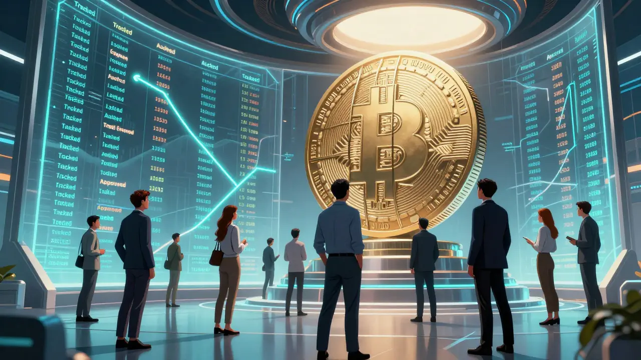 Centre financier vietnamien avec des flux de transactions traçables et une pièce cryptée enfermée sous lumière.