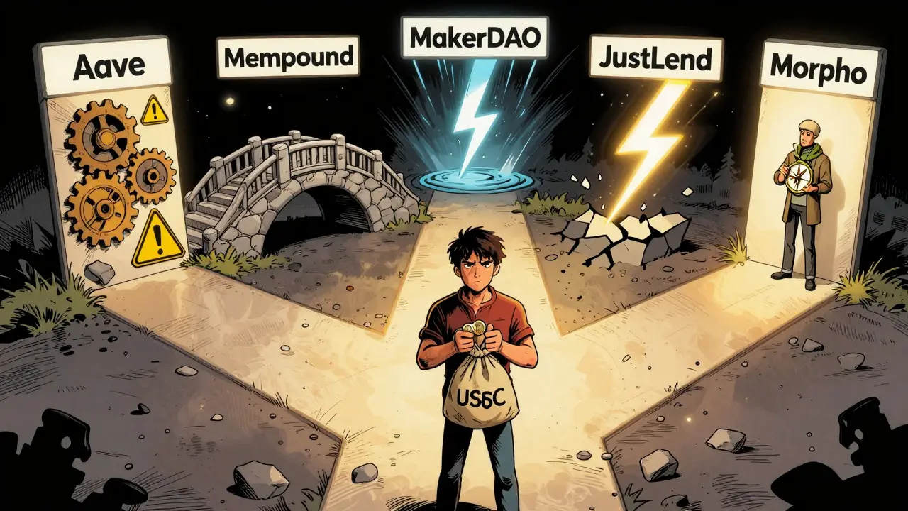 Débutant face à cinq chemins DeFi, guidé vers Compound par une lumière dorée, les autres chemins montrant leurs risques.