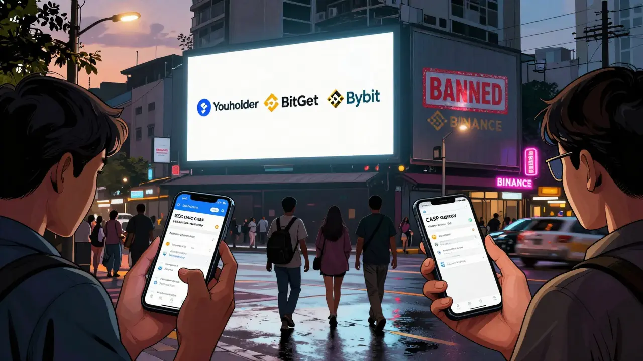 Des Filipinos vérifient une liste officielle de plateformes agréées sur leurs téléphones, tandis que des logos approuvés brillent sur un panneau publicitaire.