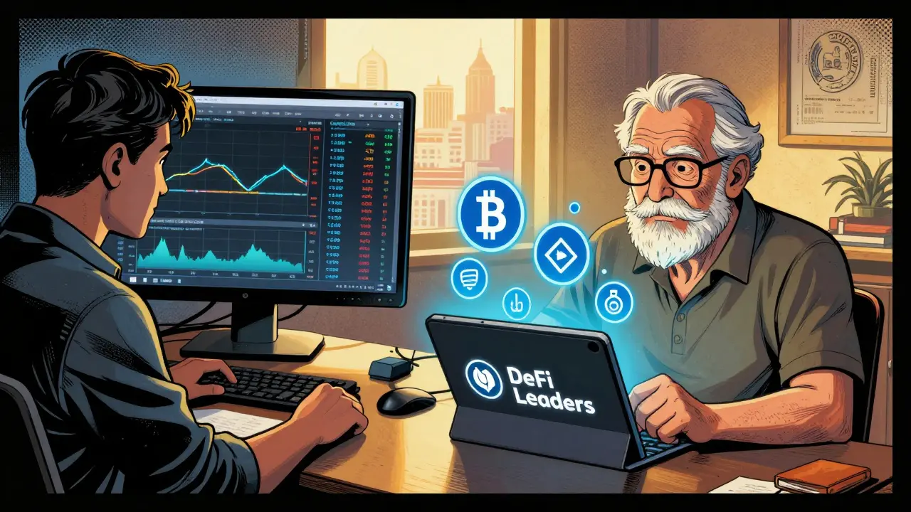 Deux utilisateurs : un trader actif et une personne âgée investissant dans un portefeuille automatisé, entourés de cryptomonnaies.