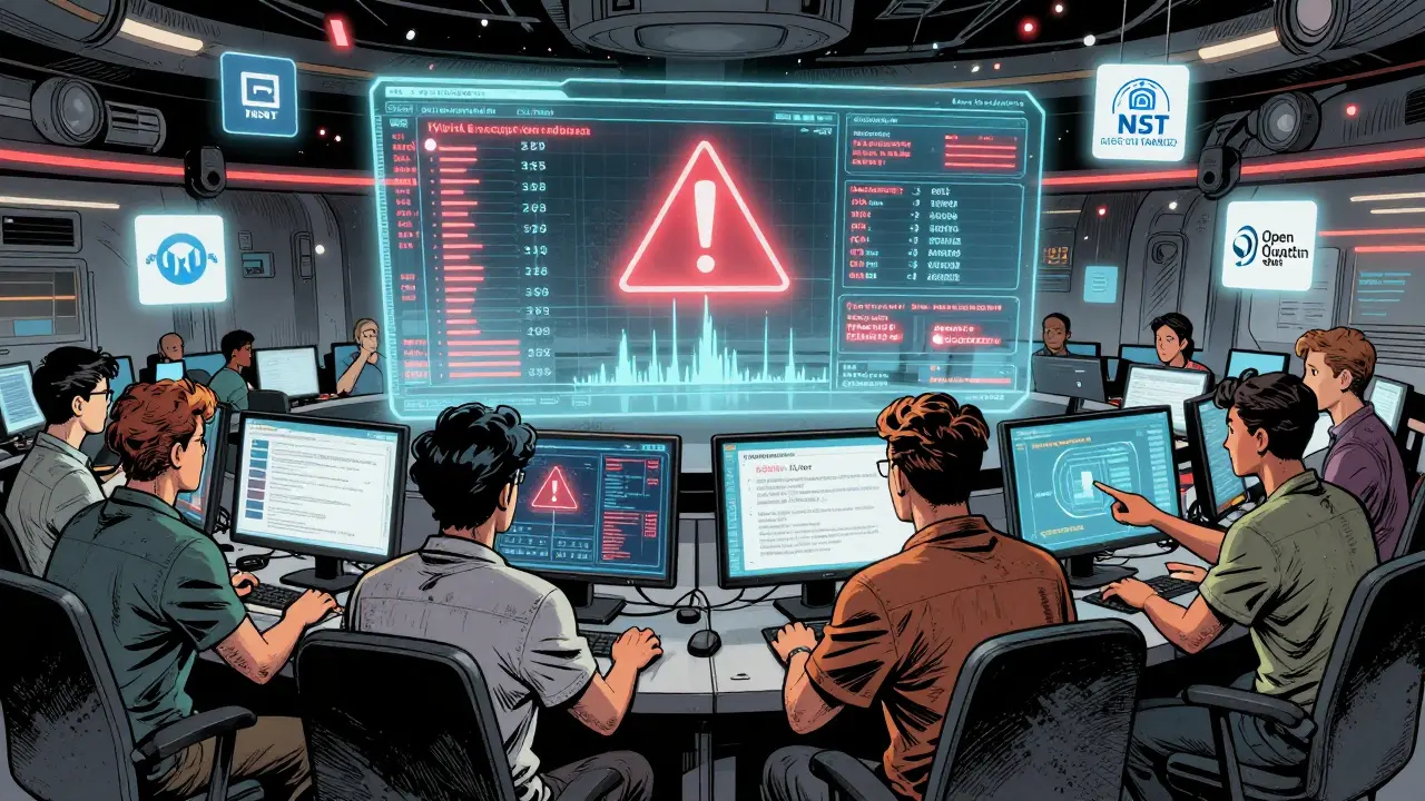 Équipe de développeurs surveillant la migration vers la cryptographie post-quantique sur des écrans holographiques dans un centre de contrôle.