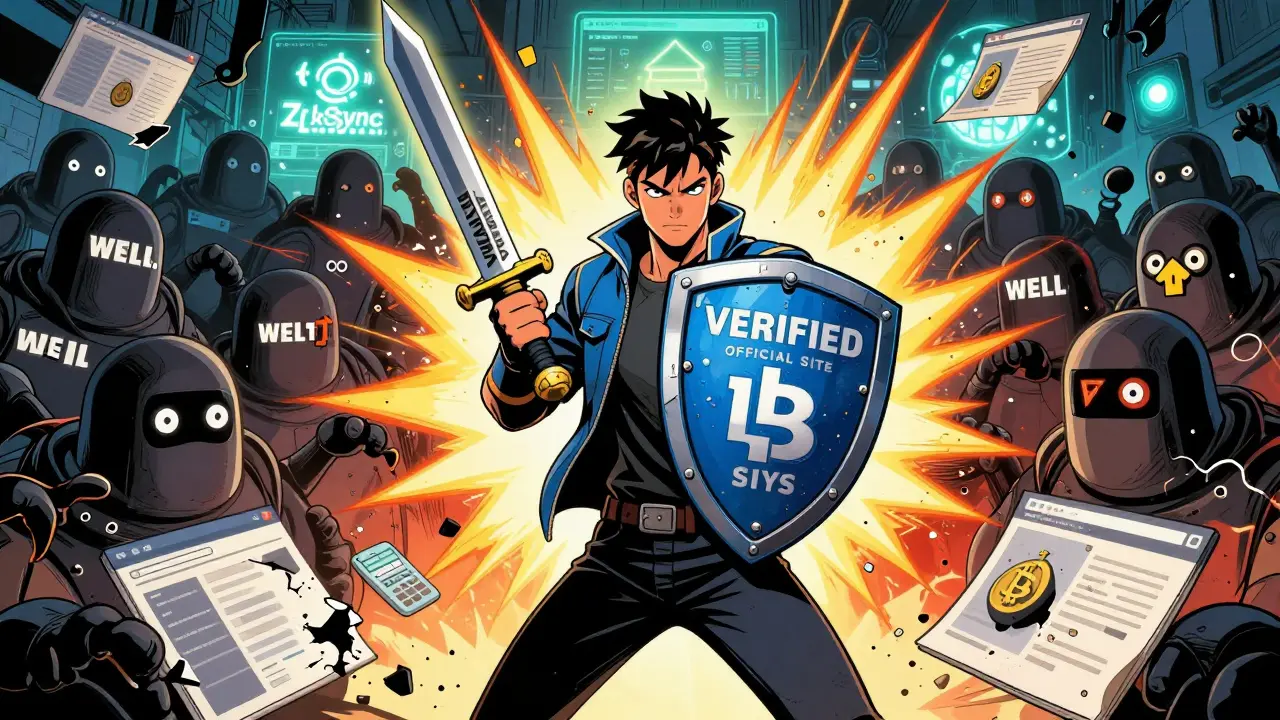 Héros crypto affronte des bots d'arnaque avec un bouclier 'Site officiel vérifié' et une épée 'Pas de clés privées'.