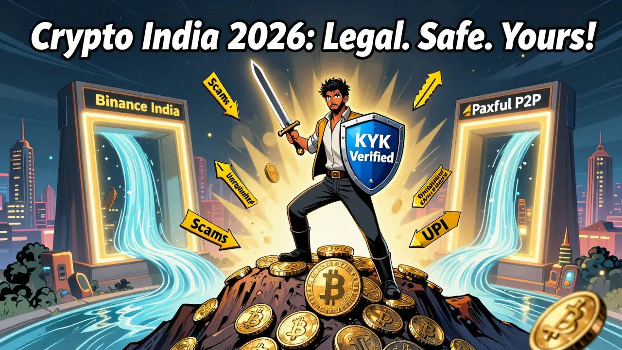 Héros indien défiant les arnaques avec un bouclier KYC, face à un portail vers l'avenir des crypto-monnaies légales.