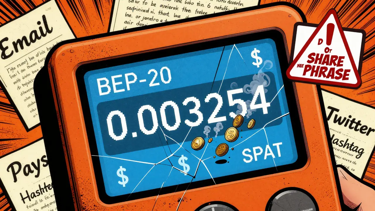 Interface de portefeuille crypto avec des tokens qui disparaissent et un avertissement rouge.