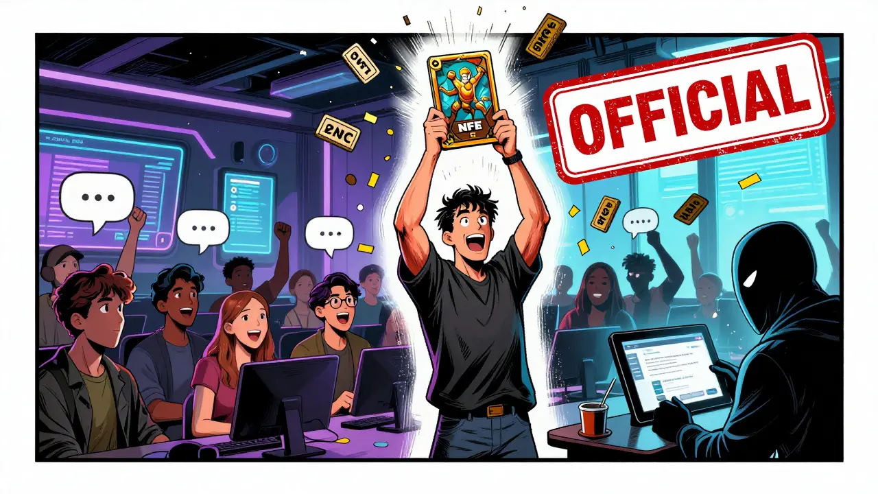 Joueur tenant un NFT légendaire de mage, entouré de jetons MCRT et de joueurs enthousiastes dans un serveur Discord.