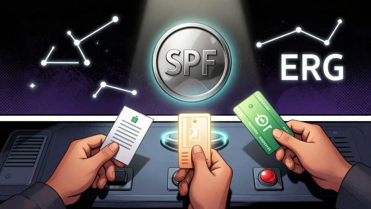 Le token SPF flotte au centre, symbolisant la gouvernance, la réduction de frais et la validation cross-chain.