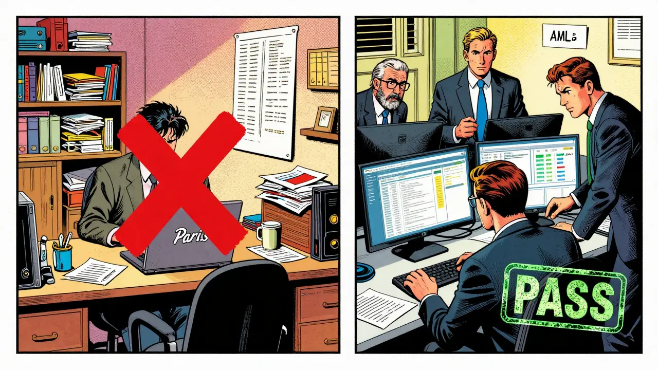 Scène comparée : un télétravailleur à Paris avec une croix rouge, et une équipe locale à Malte avec un tampon vert 'PASS' sur des écrans de conformité AML.