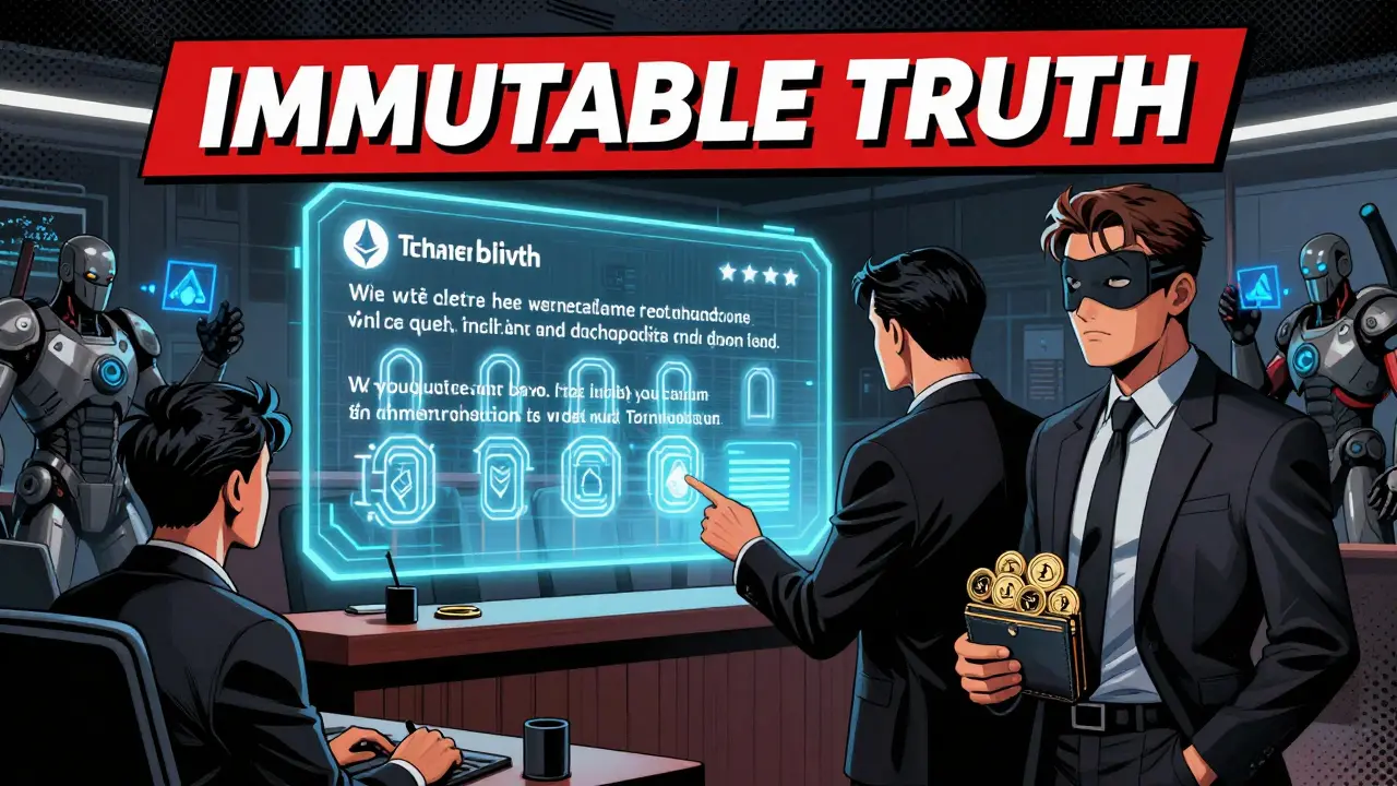 Scène de combat numérique : un dirigeant tente de supprimer un avis bloqué par des symboles blockchain indestructibles.