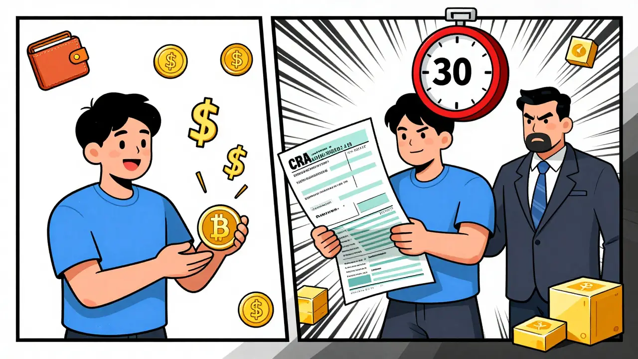 Split panel : réception d'un airdrop d'un côté, facture d'impôt massive de l'autre avec un compte à rebours.