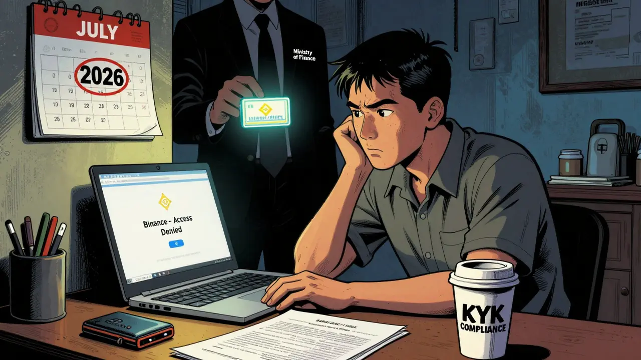 Trader vietnamien face à un écran bloqué, silhouette du ministère des Finances derrière lui, calendrier juillet 2026.