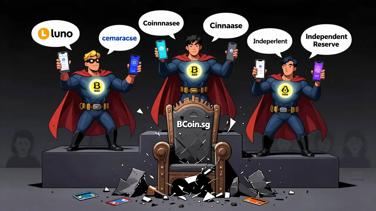 Trois bourses crypto victorieuses avec licences MAS, contre un trône brisé de BCoin.sg détruit aux pieds.