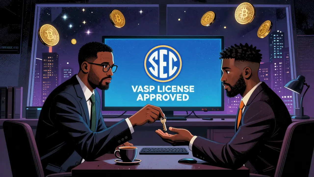 Un banquier remet discrètement une licence VASP à un fondateur de crypto en 2023.