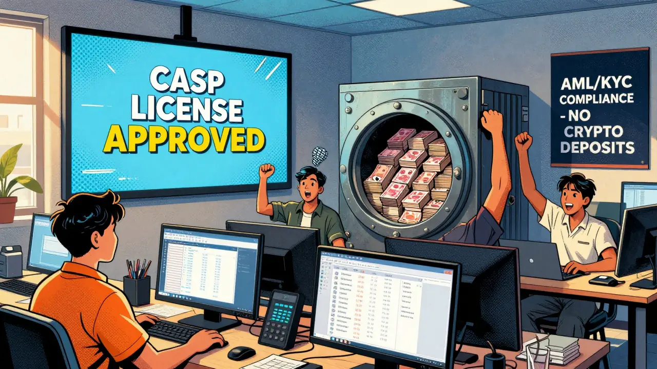 Un bureau philippin local célébrant l'approbation de leur licence CASP, avec des fonds en pesos et des systèmes de conformité affichés.