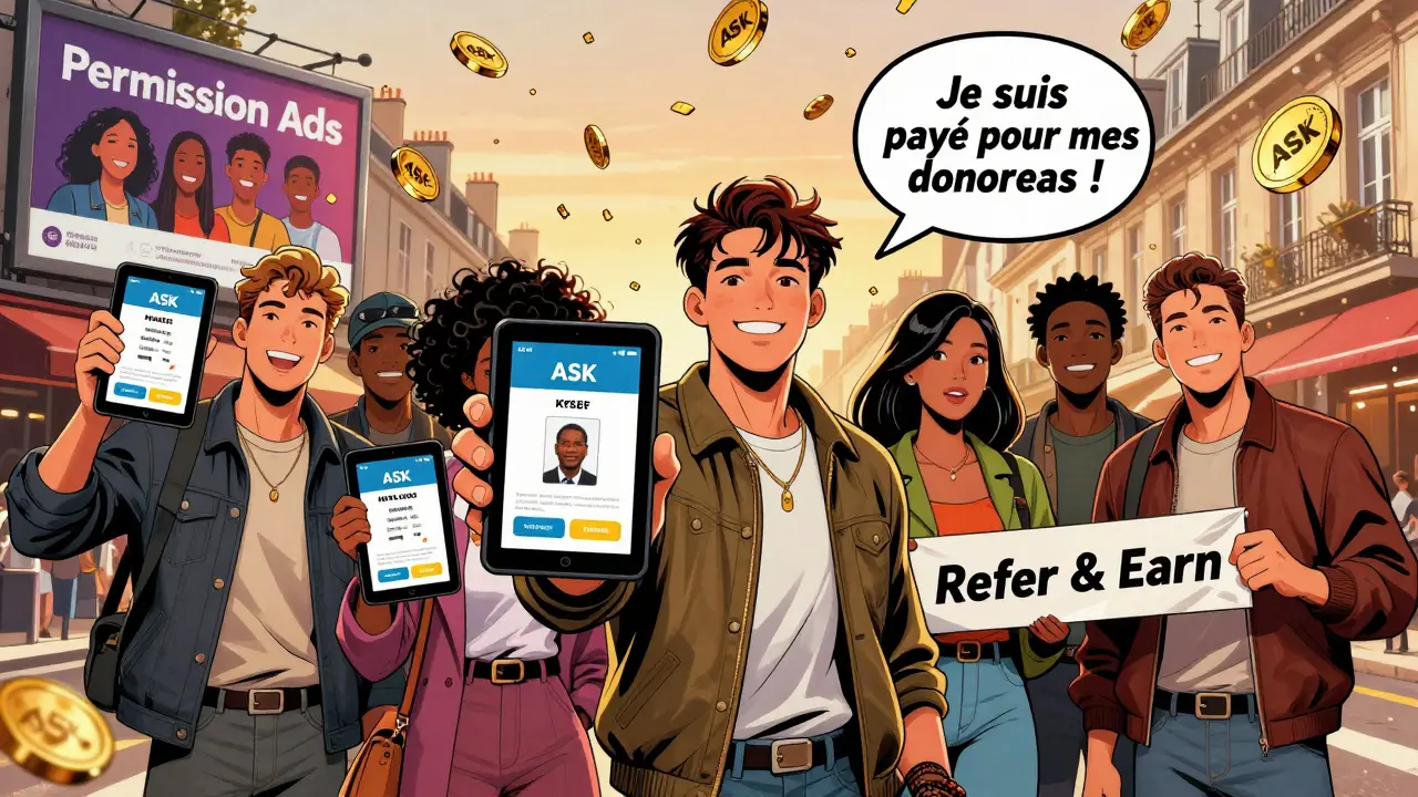 Un groupe de personnes en France reçoit des jetons ASK en participant à la plateforme et en invitant des amis.