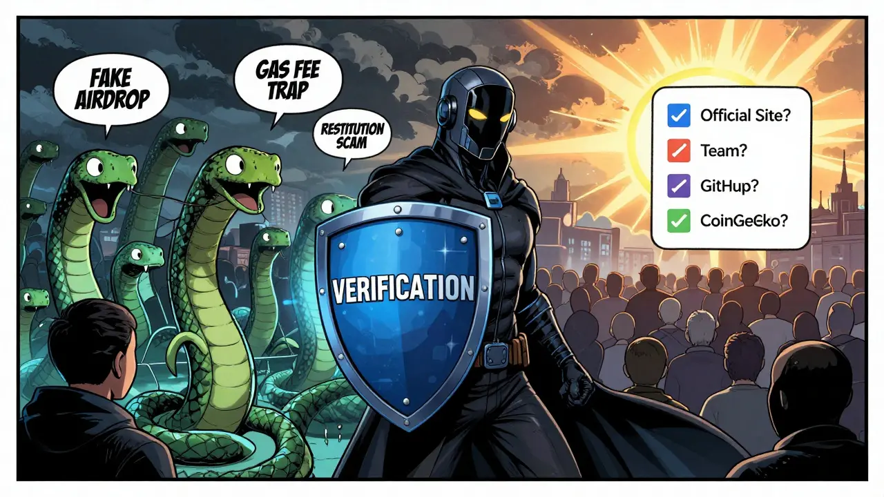 Un héros bloque des escroqueries crypto avec un bouclier de vérification, tandis qu'une foule suit une checklist de sécurité.