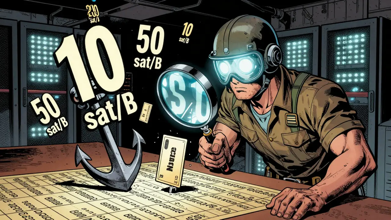 Un mineur trie des transactions par montant de frais, une avec un nonce bloqué coincée sous une ancre.