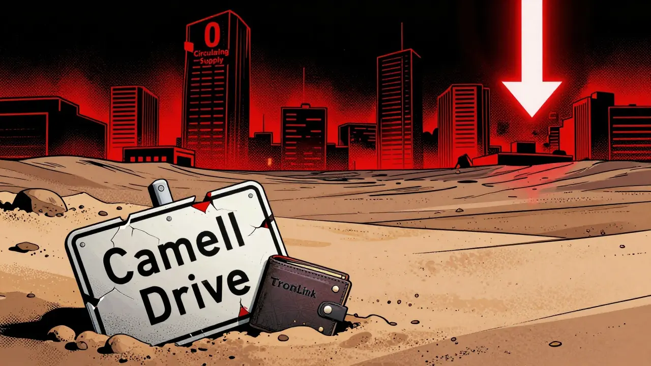 Un portefeuille abandonné repose à côté d'un panneau brisé 'Camell Drive', dans un paysage numérique mort.