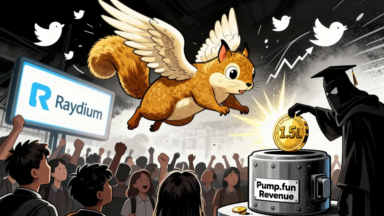 Un token meme se transforme en écureuil doré pendant sa graduation, tandis qu'une somme de 1,5 SOL est versée à Pump.fun.