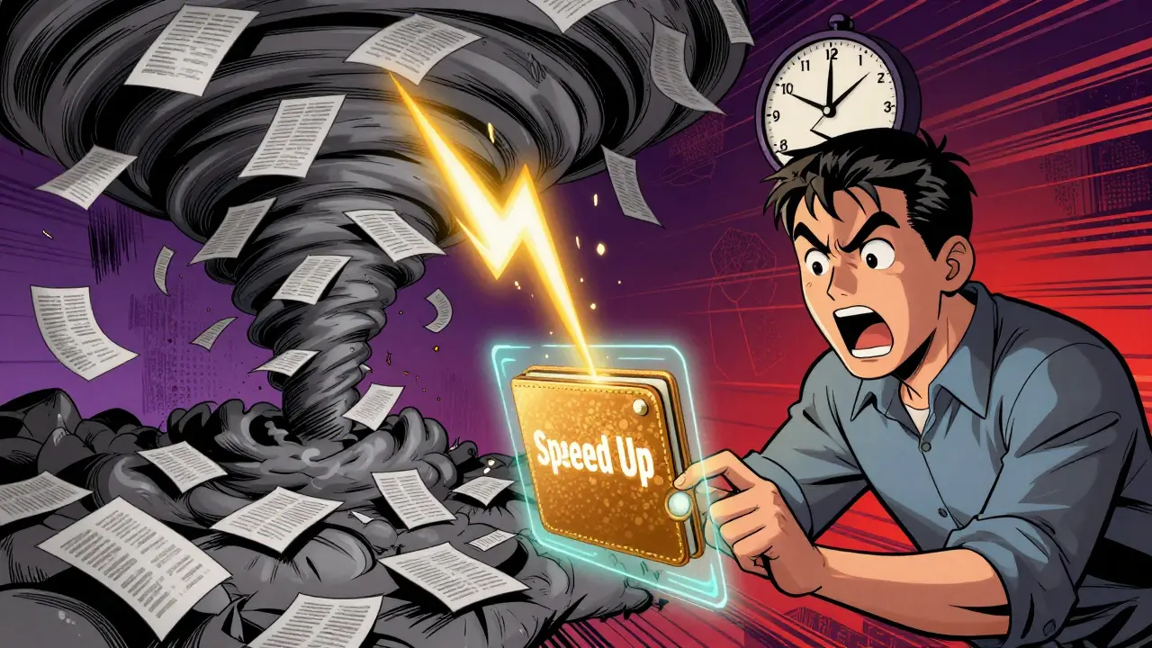 Un trader active un accélérateur de transaction tandis qu'une tempête de transactions bloquées tourbillonne autour de lui.