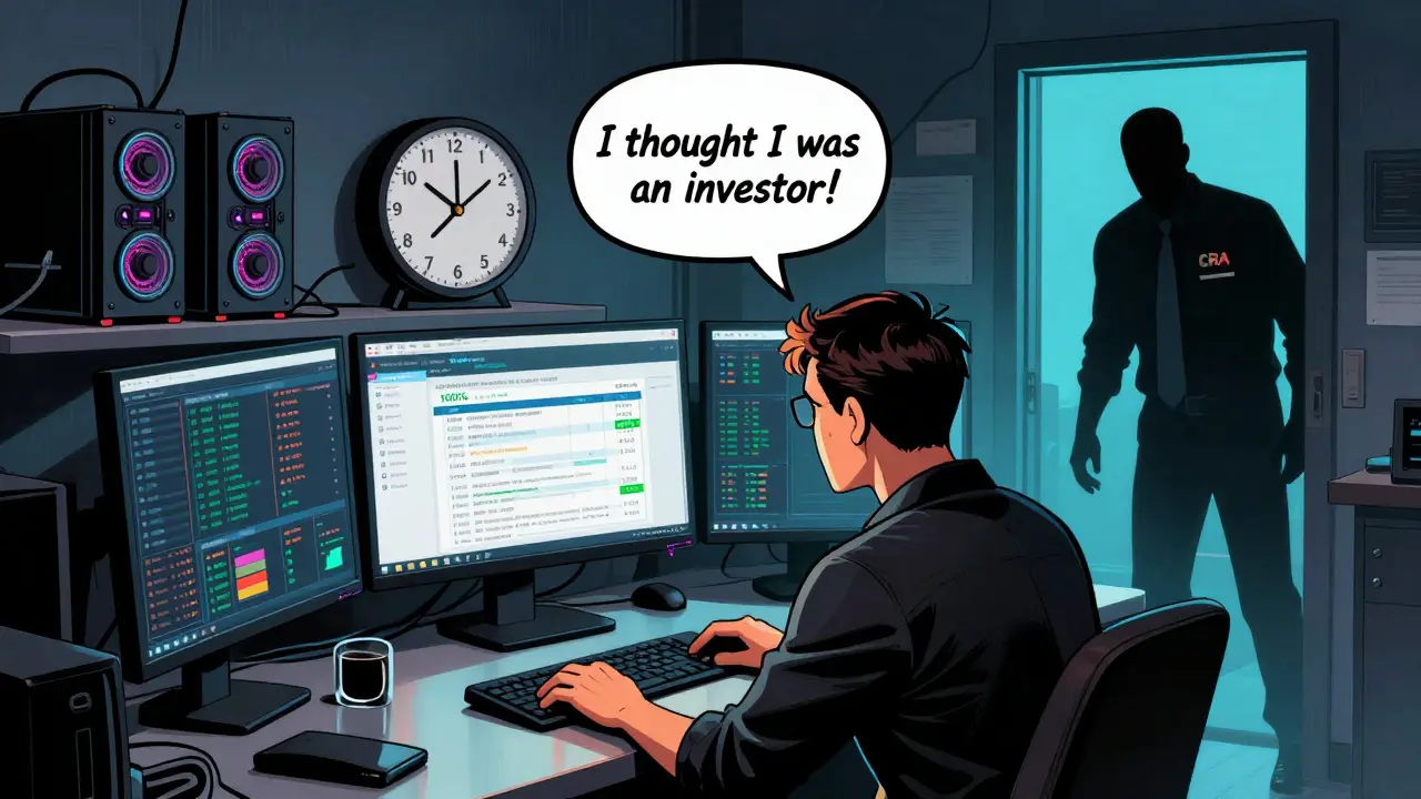 Un trader entouré d'écrans de crypto et d'équipements de minage, un agent de l'ARC approche.