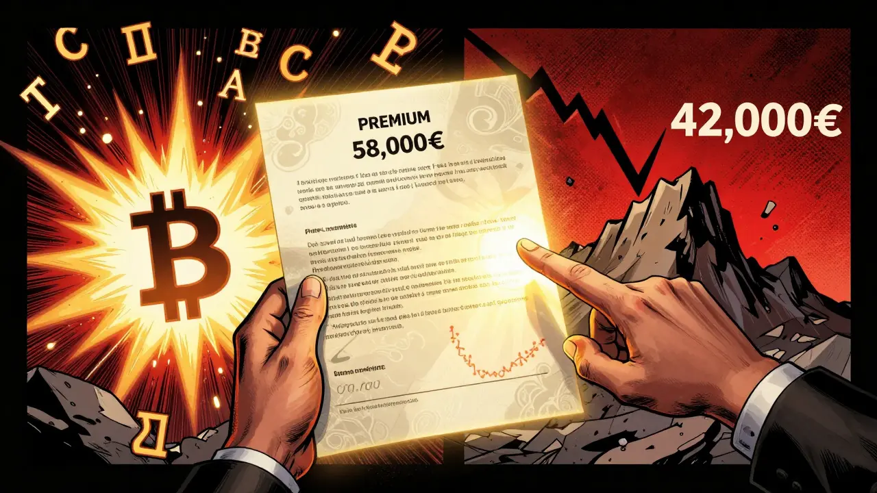 Un trader tient un contrat d'options tandis que le prix du Bitcoin monte et chute simultanément sur deux écrans.