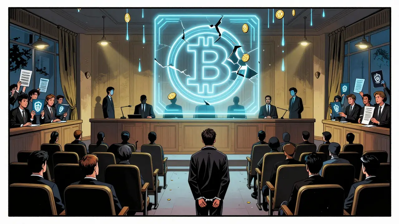 Un tribunal vide avec un hologramme de crypto brisée au-dessus, symbole des 400 000 victimes d'une escroquerie.