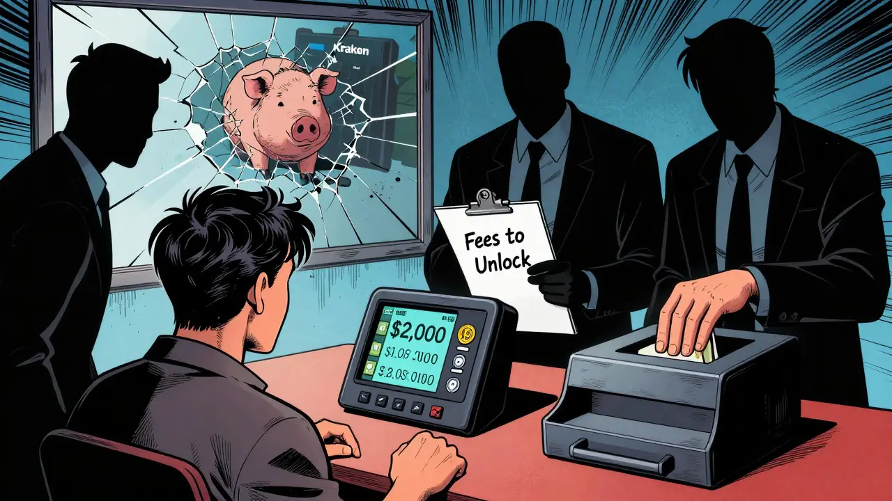 Un utilisateur regardant un solde fictif de 2000 €, tandis que des escrocs derrière lui demandent des frais pour retirer.