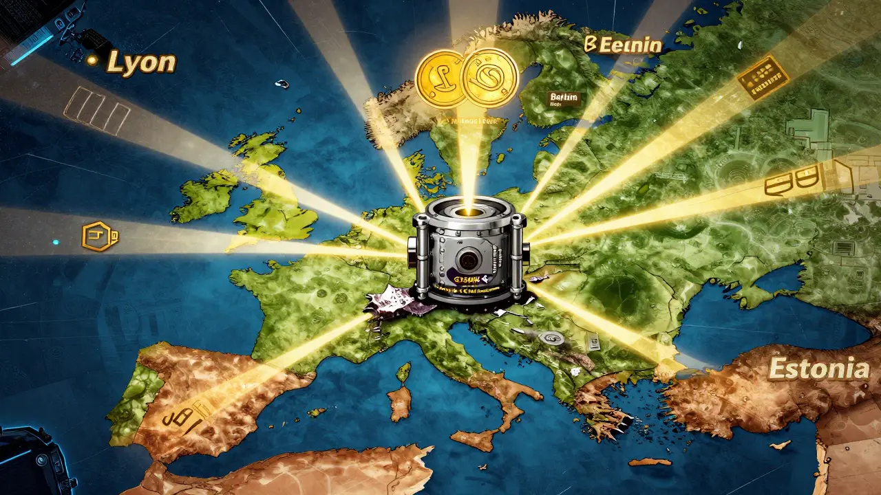 Une carte de l'UE avec Malte au centre émettant des faisceaux de passeport européen, une caisse de capital et d'assurance en bas, des projets échoués éclatés autour.