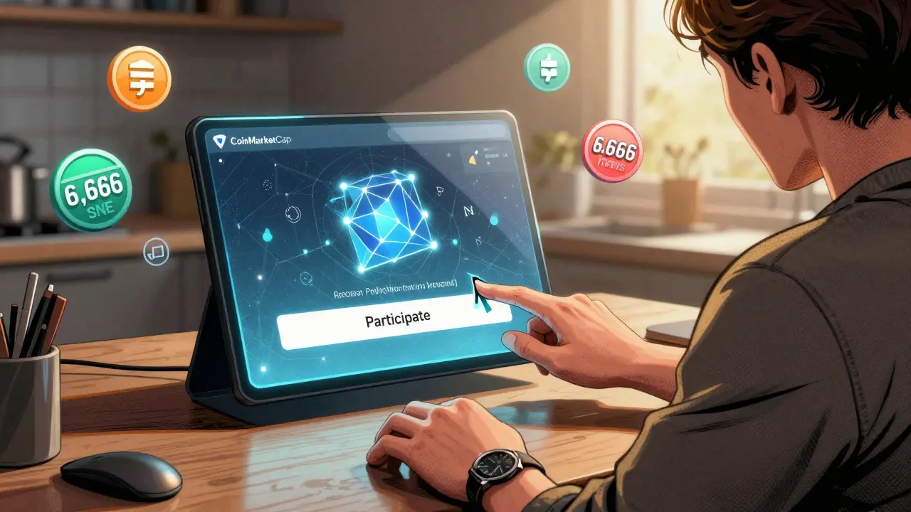 Une personne cliquant sur 'Participer' à un airdrop SNE sur CoinMarketCap, avec des jetons et un portefeuille Polygon apparaissant en hologramme.