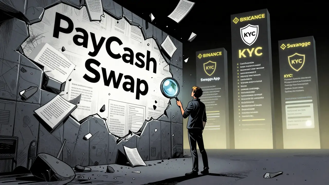 Une personne face à un mur numérique en ruine de 'PayCash Swap', tandis que des échanges légitimes brillent au loin.