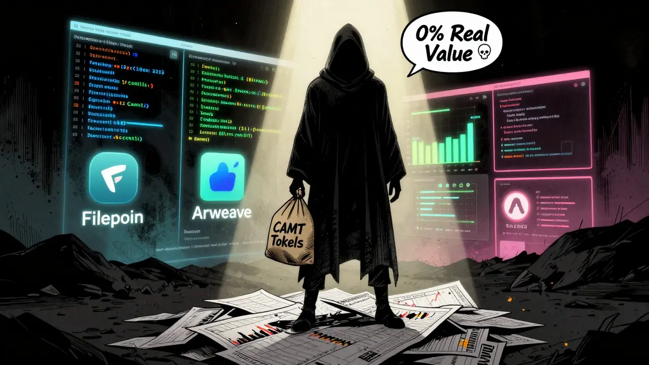 Une silhouette masquée tient des jetons CAMT tandis que des projets réels brillent au loin dans un paysage numérique.