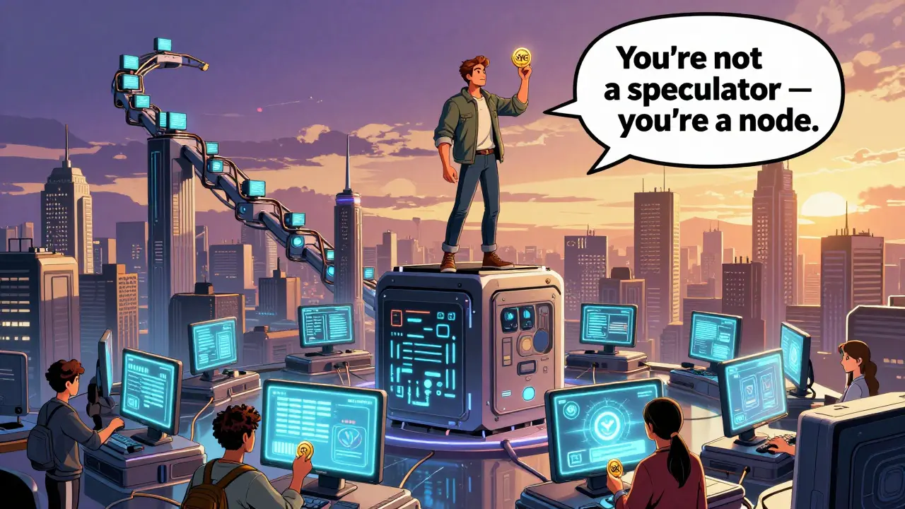 Une ville futuriste alimentée par des ordinateurs domestiques, où des citoyens utilisent des jetons SNE pour payer, voter et gagner des récompenses.