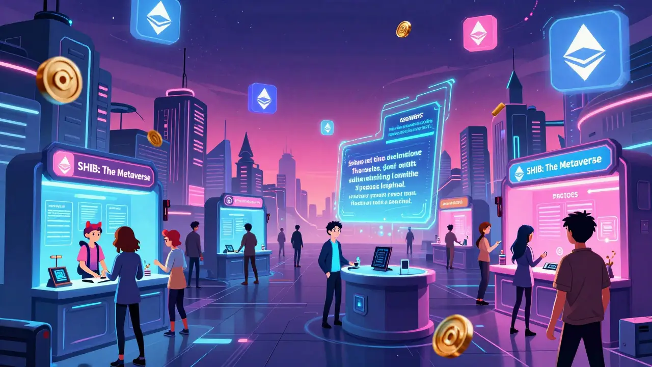 Une ville virtuelle SHIB où les utilisateurs échangent, stake et votent dans un métavers coloré et dynamique.