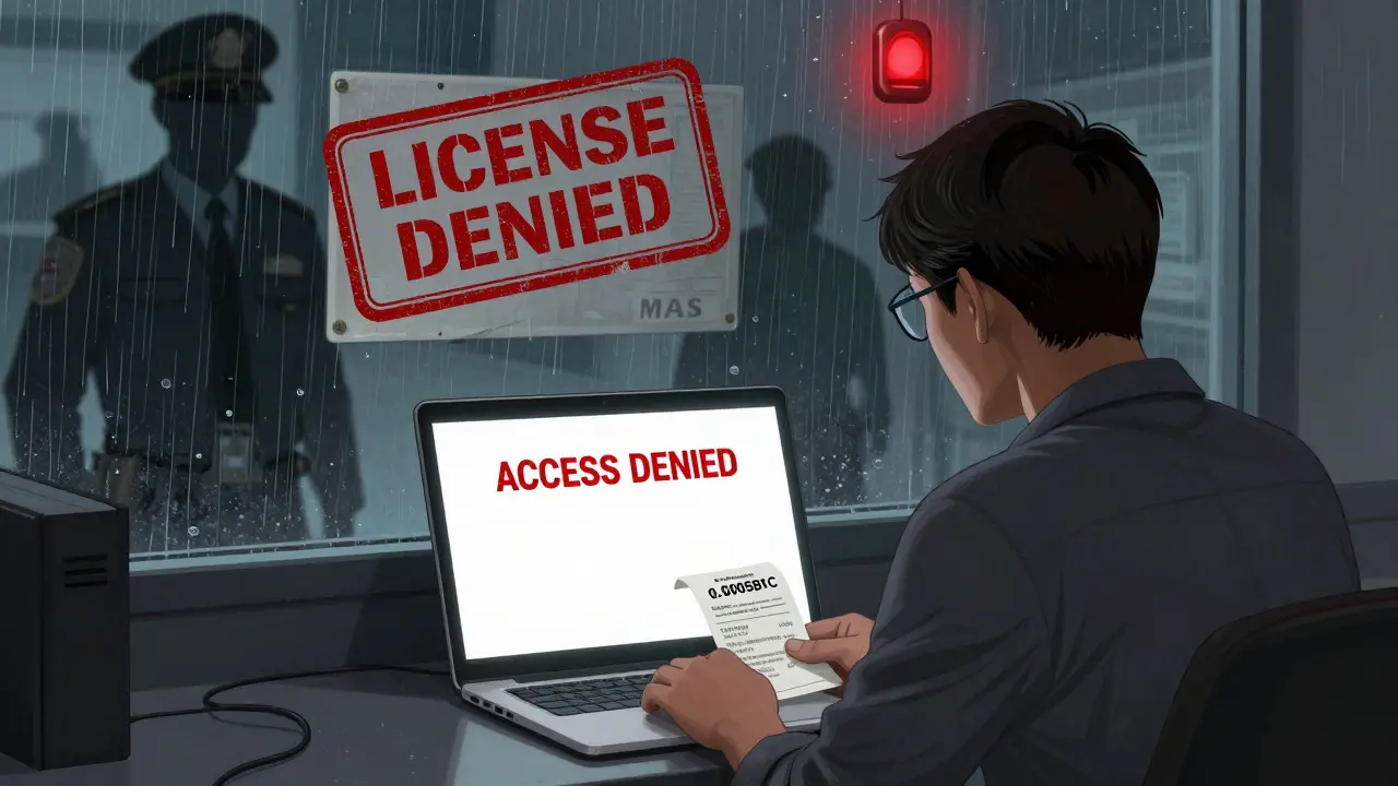 Utilisateur face à un écran noir, un sceau 'Licence refusée' MAS projette son ombre sur un bureau abandonné.