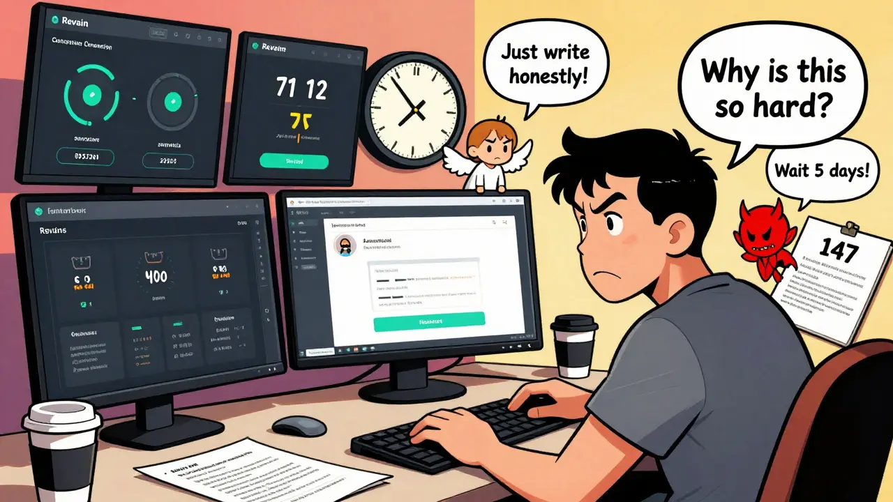 Utilisateur frustré face à une interface complexe de Revain, entouré de tutoriels et d'horloges qui tiquent.