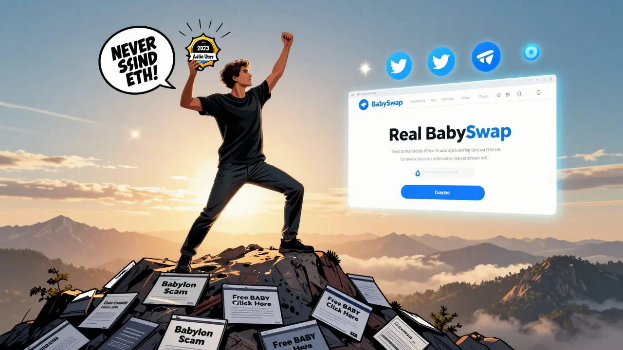 Utilisateur victorieux sur un monticule de sites d'arnaque, avec le site officiel BabySwap en arrière-plan.