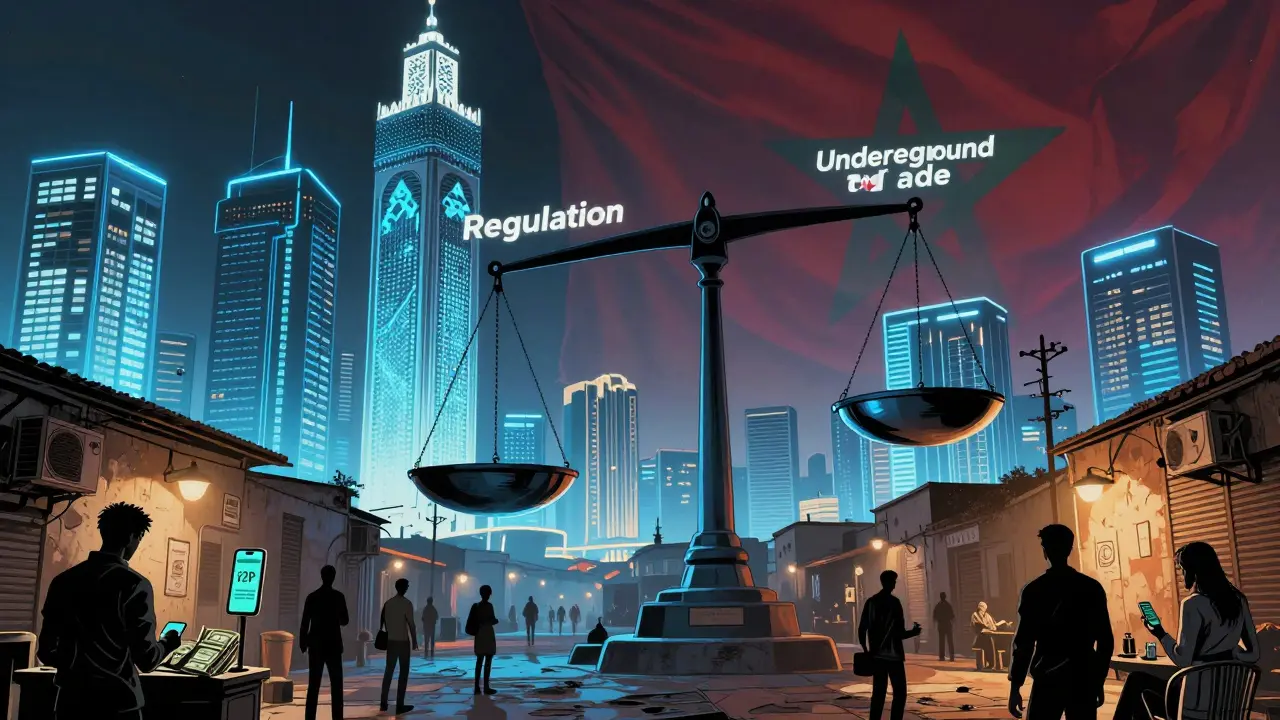 Vue aérienne de Casablanca en 2026 : crypto légale en haut, marché noir en bas.