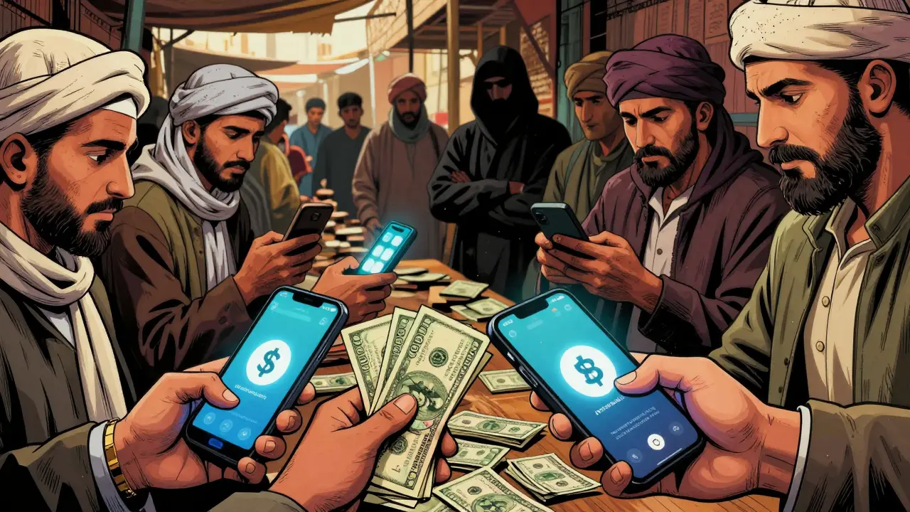 Commerçants échangeant des USDT contre des espèces dans un marché clandestin.