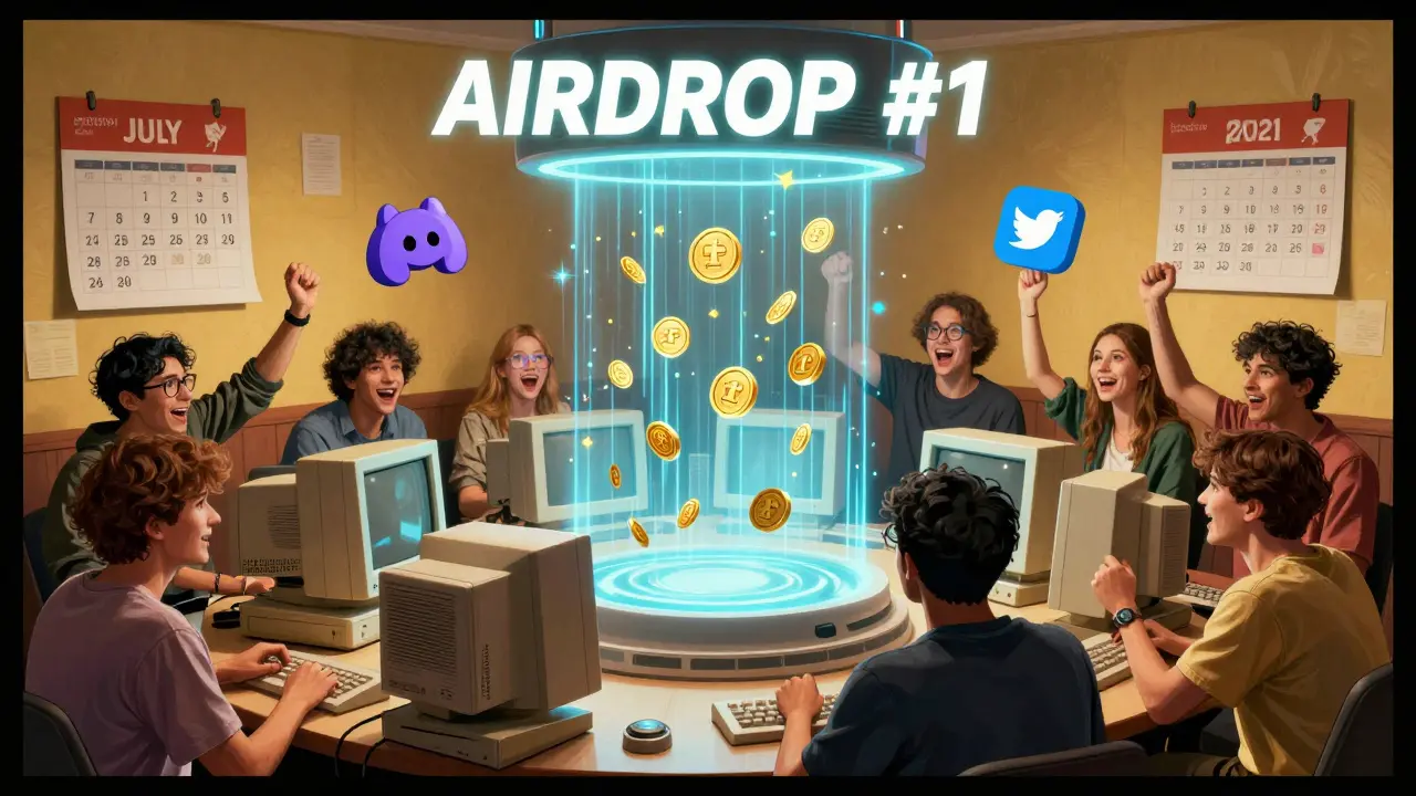 Des adeptes célébrant en 2021 pendant un airdrop FIWA, entourés d'écrans et d'icônes Discord et Twitter.