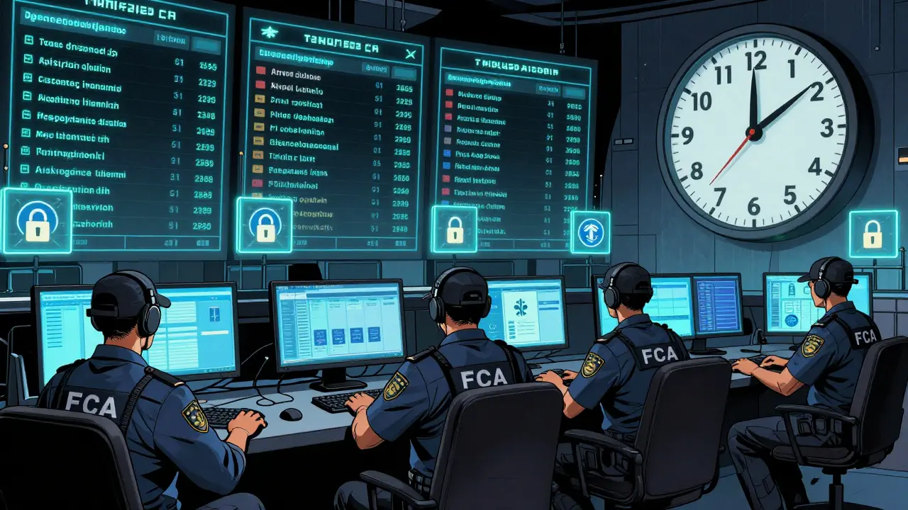 Des agents de la FCA surveillent des tableaux de bord numériques affichant des données de conformité, des archives et des délais de réflexion.